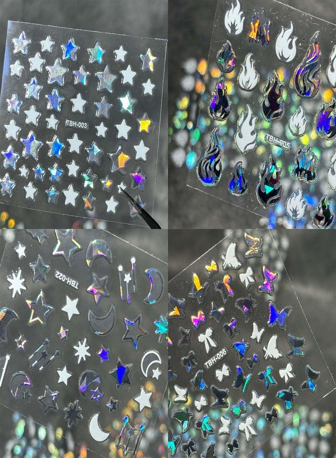 Maigitur 3000Pcs 60 Sheets Silver Nail Art Stickers Silver Aurora Nail Stickers Decals 3D Self-Adhesive Star Flower Nail Decals for Women Girls Salon Home DIY Manicure Nail with Tweezers Included… - Image 5